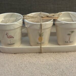 Rae Dunn - Set of Three Cream Ceramic Planters with Tropical Designs - Brand New